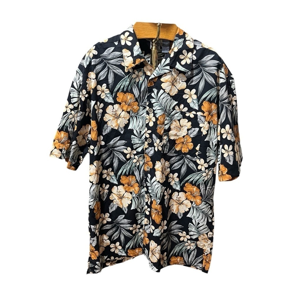 Op Black Hawaiian Floral Button-Up Shirt Cotton